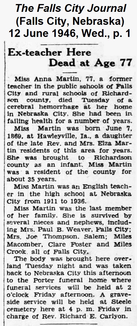 Obituary from The Falls City Journal of 12 June 1946, headed 'Ex-teacher Here Dead at Age 77.'