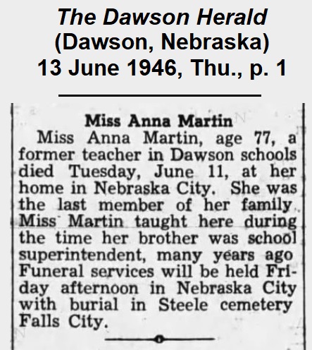 Short obituary from The Dawson Herald of 13 June 1946, headed 'Miss Anna Martin.'