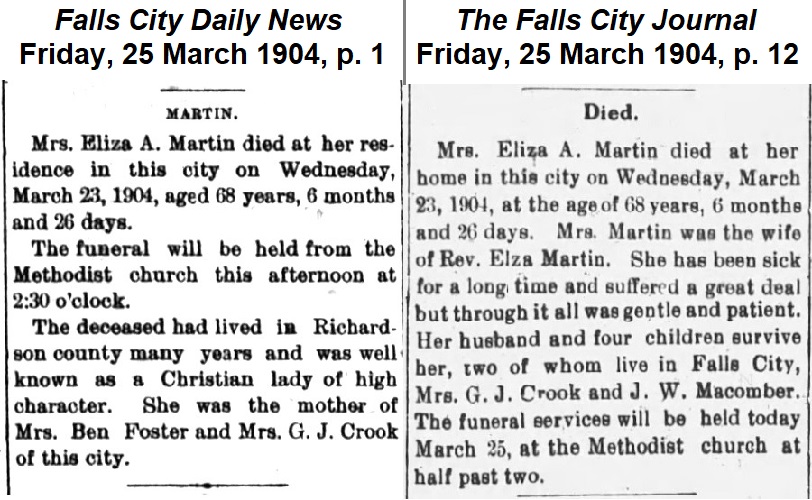 Obituaries for Eliza Ann from the
              Falls City Daily News and the Falls City Journal, both dated 25 March 1904.