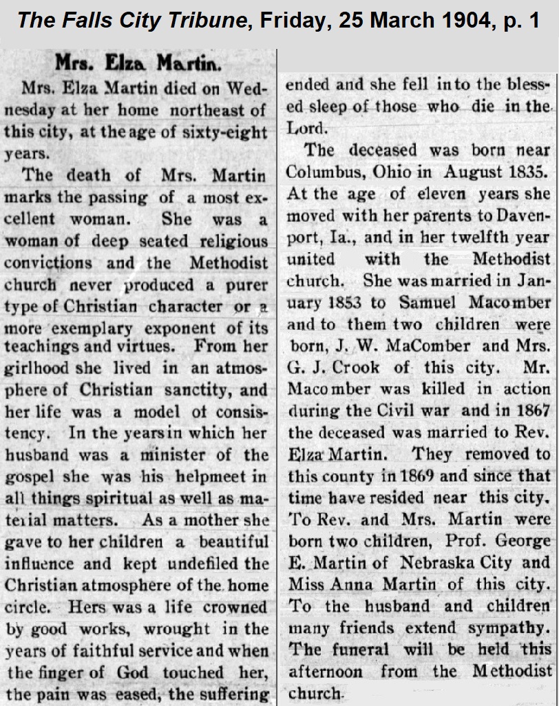 Extended obituary for Eliza Ann from the
              Falls City Tribune, from 25 March 1904.