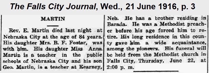 Brief death announcement for Elza from the
              Falls City Journal, from 21 June 1916.