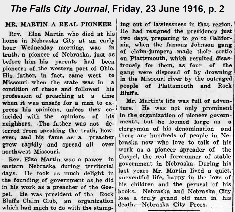 Extended obituary for Elza, originally from the
              Nebraska City Press, reprinted in the Falls City Journal of 23 June 1916.