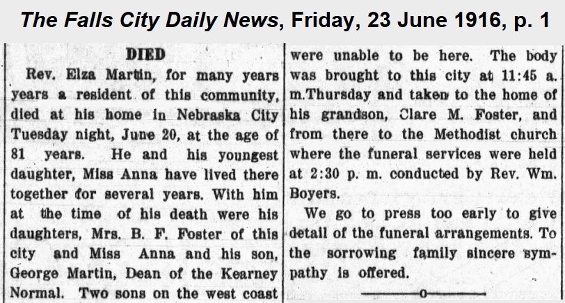 Obituary for Elza from the Falls City Daily
              News of 23 June 1916.