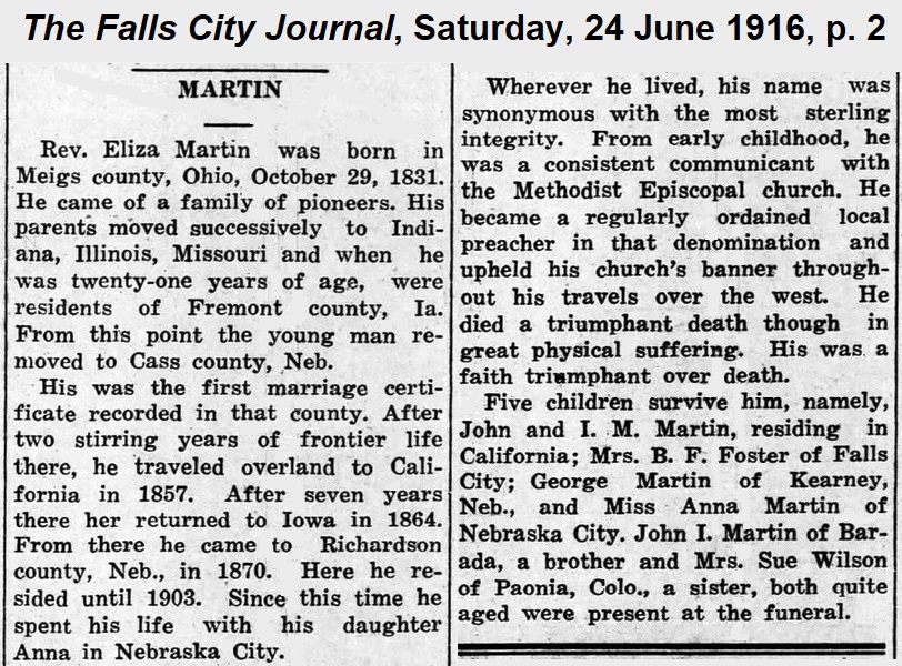 Extended obituary for Elza from the Falls
              City Journal of 24 June 1916.