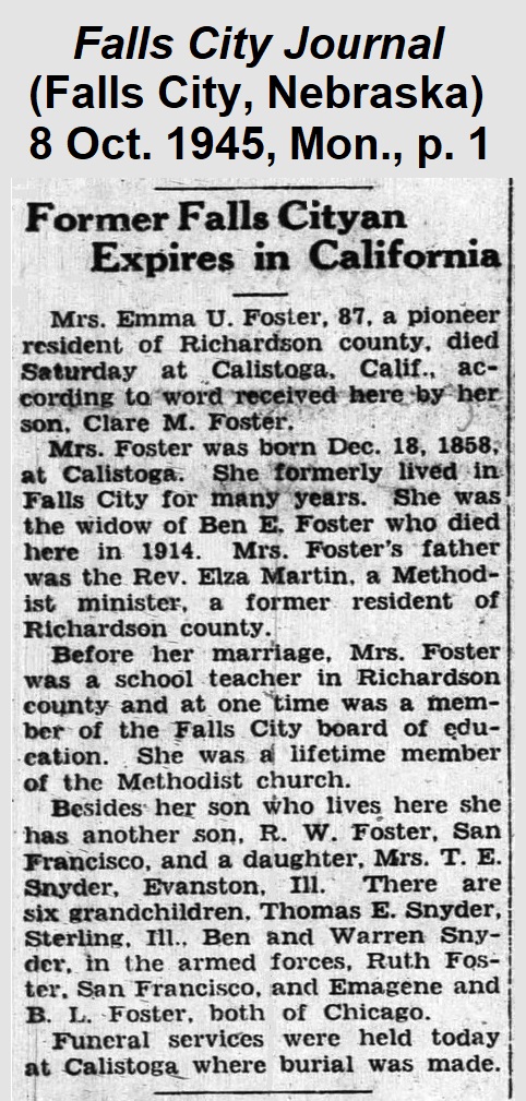 Obituary from
                the Falls City Journal of 8 October 1945, headed 'Former Falls Cityan
                Expires in California.'