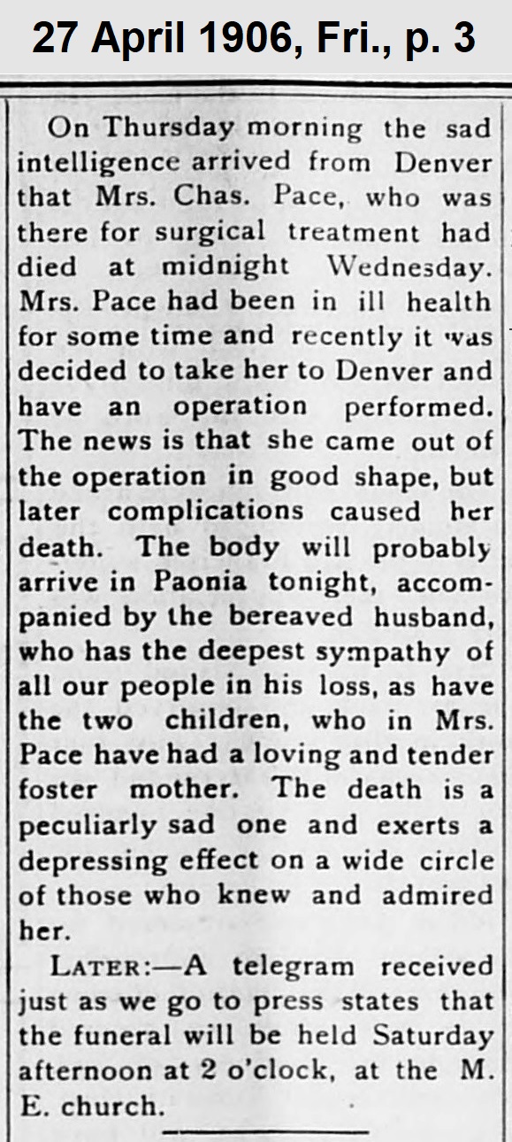 Report of Anna's death in Denver published 27 April 1906
