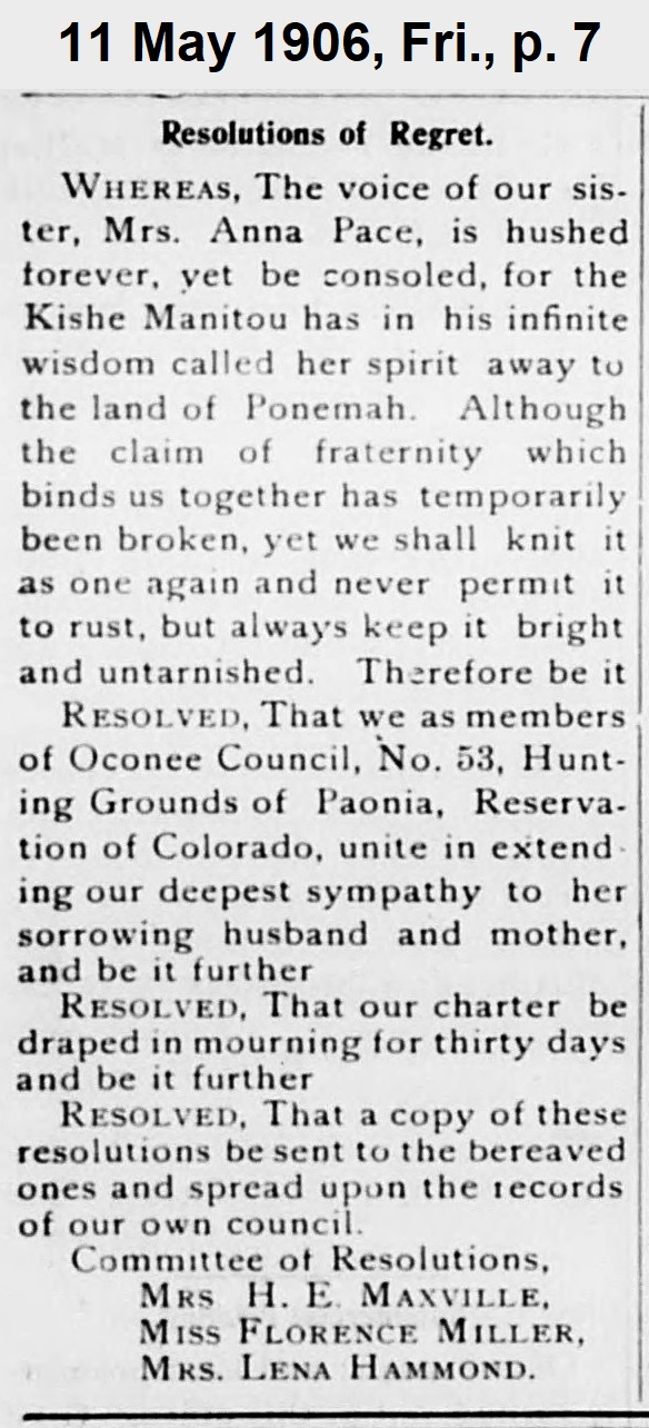 Resolution of Regret for
               Anna's death, from the Oconee Council of the Daughters of Pocahontas,               published 11 May 1906.