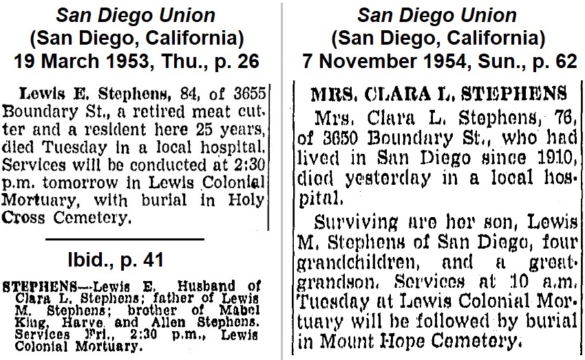 Funeral
                  notices for Lewis and Lula from the San Diego union.