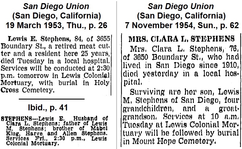 Funeral
                  notices for Lewis and Lula from the San Diego union.