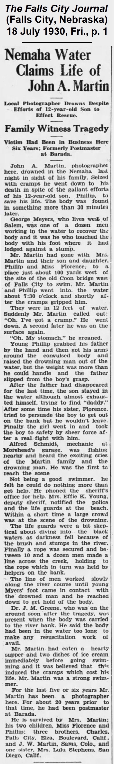 Report from The Falls City Journal
              of 18 July 1930, headed 'Nemaha Water Claims Life of John A. Martin.'