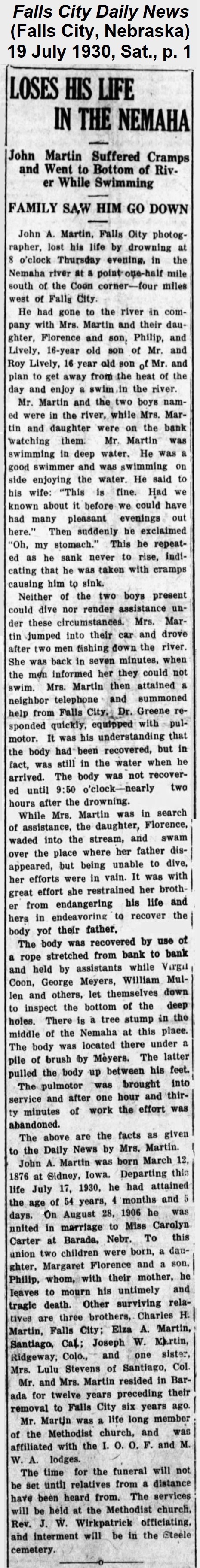 Report from The Falls City Daily
              News of 19 July 1930, headed 'Loses His Life in the Nemaha.'