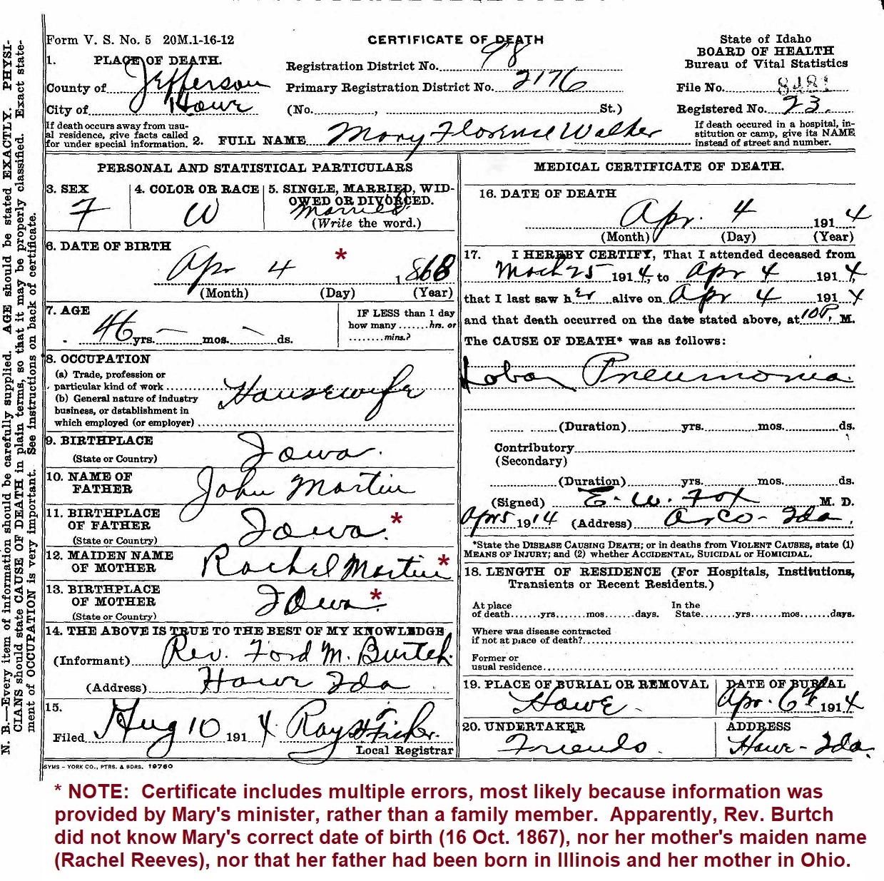 Death certificate for Mary Florence Walker issued by Jefferson County, Idaho.'