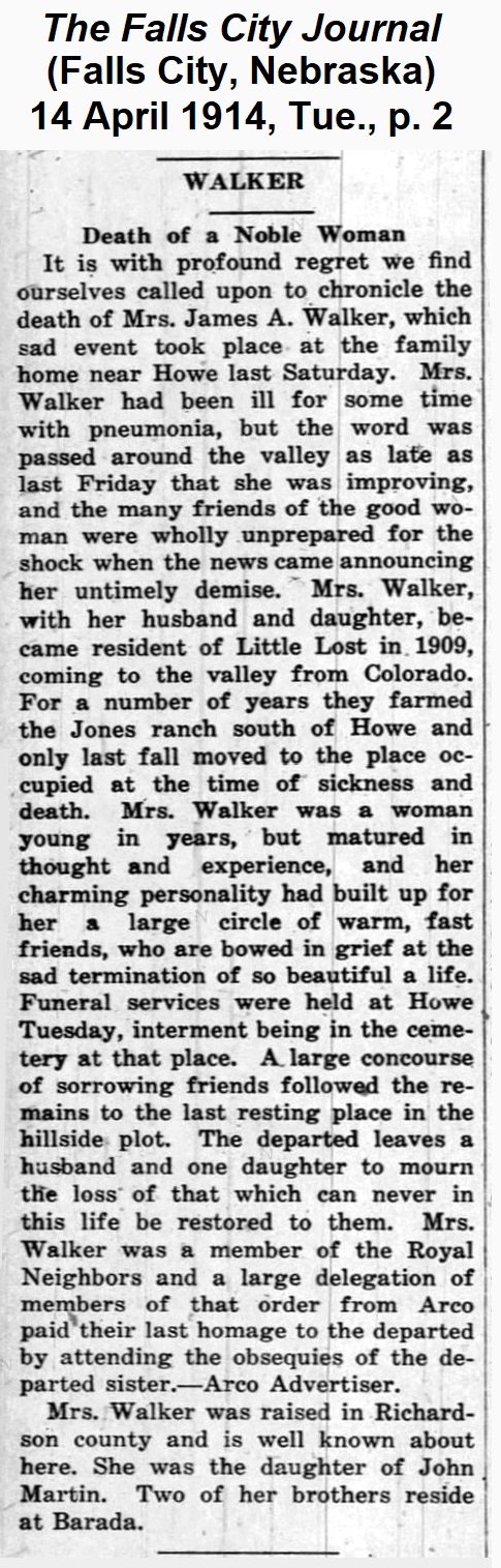 Obituary from The Falls City Journal of 14 April 1914, headed 'Death of a Noble Woman.'