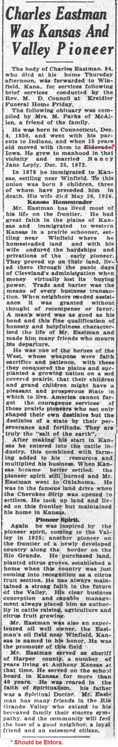 Charles's obituary from the
                McAllen Daily Press of 6 January 1935.