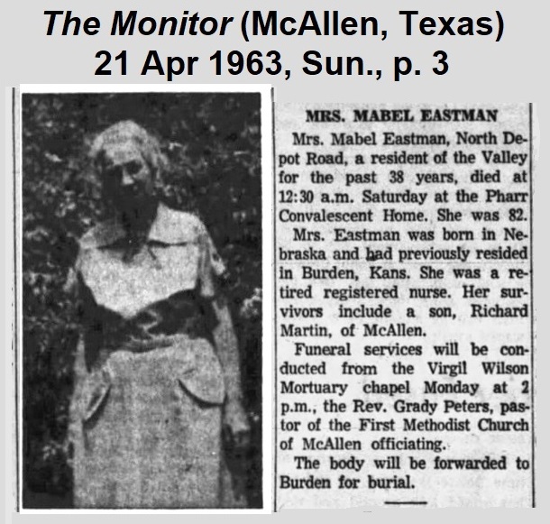 Obituary for
                Mabel from the McAllen, Texas, Monitor.