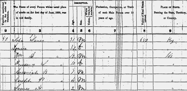 Excerpt from 1850 census showing John and Louisa Janes and family