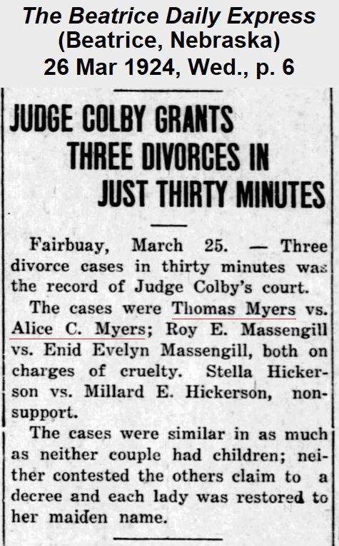 Clipping from The Beatrice Daily Express reporting on the divorce of Alice VanNess from Thomas Myers on 25 March 1924.