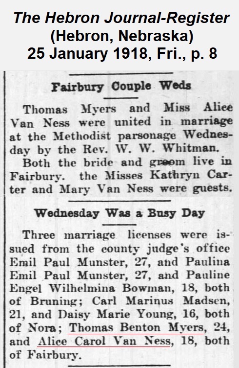 Clipping from The Hebron Journal-Register reporting the marriage of Alice VanNess to Thomas Myers on 30 January 1918.