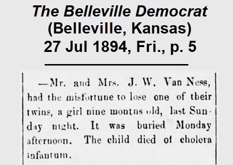 Clipping from the Belleville Democrat reporting the death of a nine-month-old VanNess girl on 21 July 1894.