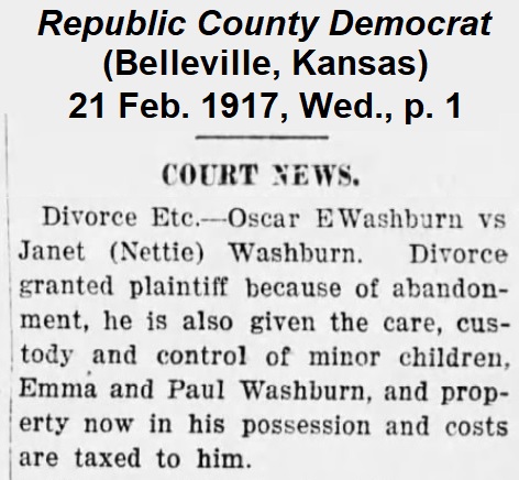 Clipping from the Republic County Democrat reporting on the divorce of Nettie VanNess from Oscar Washburn in February 1917.