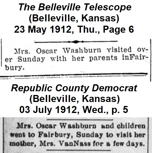 Clippings from two Belleville, Kansas, newspapers reporting on Mrs. Oscar Washburn (Nettie VanNess) visiting her parents in Fairbury, Nebraska.