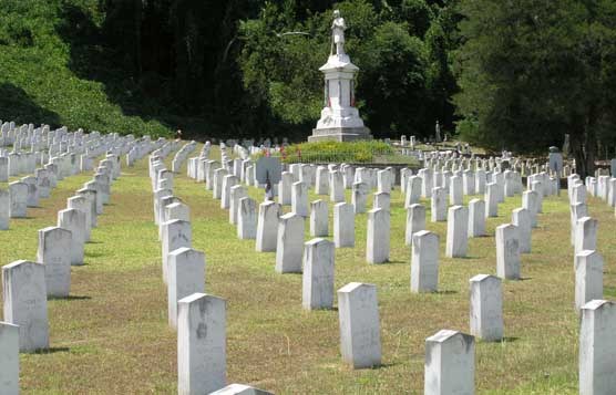 Photo showing rows of identical tombstones in cemetery