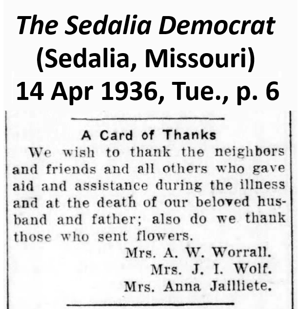 Note from The Sedalia Democrat of 14 April 1936, headed 'A Card of Thanks' and signed by
  			    Ambrose's wife, daughter, and step-daughter