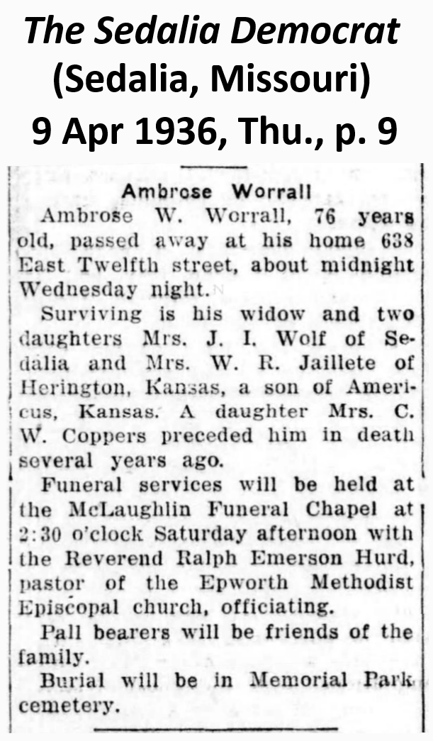 Obituary of Ambrose Worrall from The Sedalia Democrat of 9 April 1936.