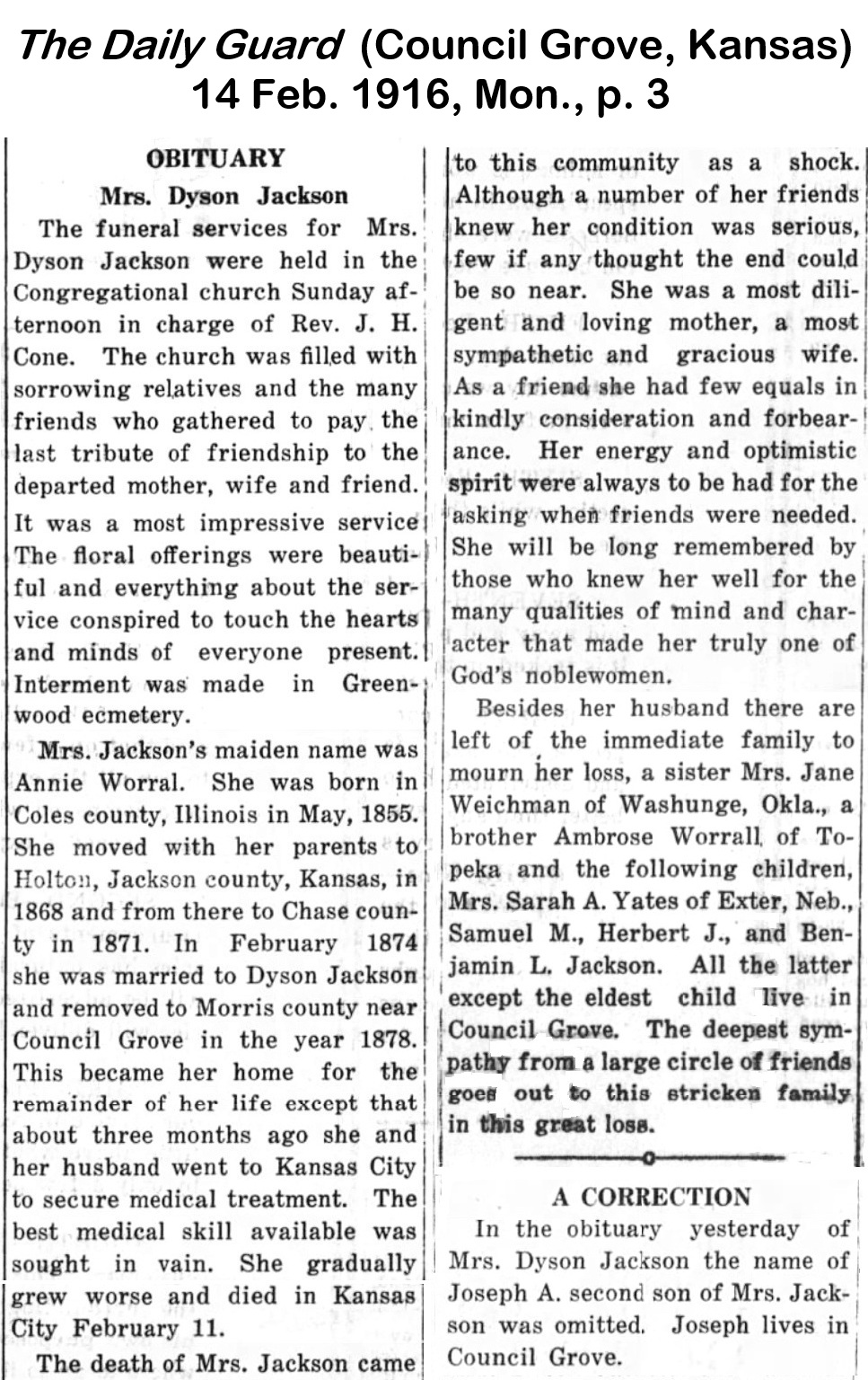 Image
                of obituary for Annie (Worrall) Jackson from the Daily Guard
                of 14 February 1916