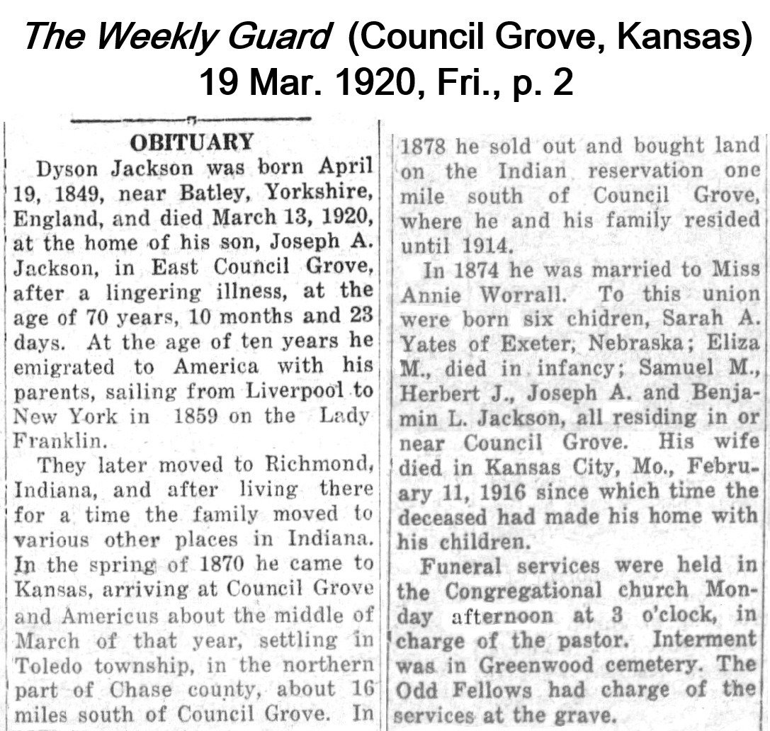 Image
                of obituary for Dyson Jackson from the Weekly Guard
                of 19 March 1920