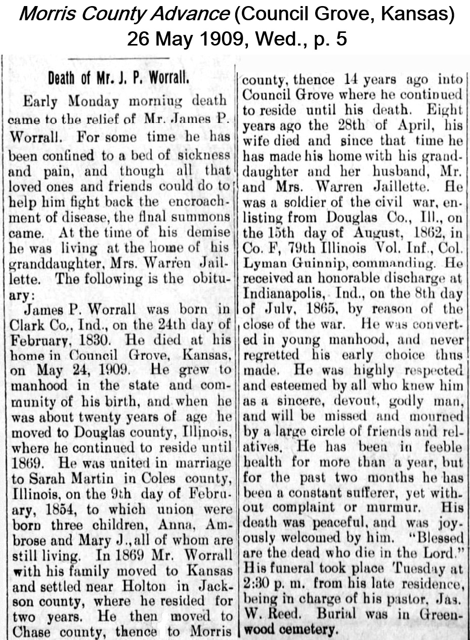 Obituary for James from the
              Morris County Advance of 26 May 1901.