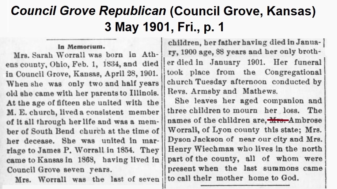 Obituary for Sarah from the
              Council Grove Republican of 3 May 1901.