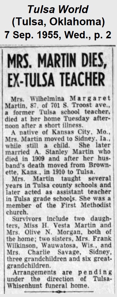 Clipping from the Tulsa World, 7 September 1955, page 2, Mrs. Martin Dies, Ex-Tulsa Teacher.