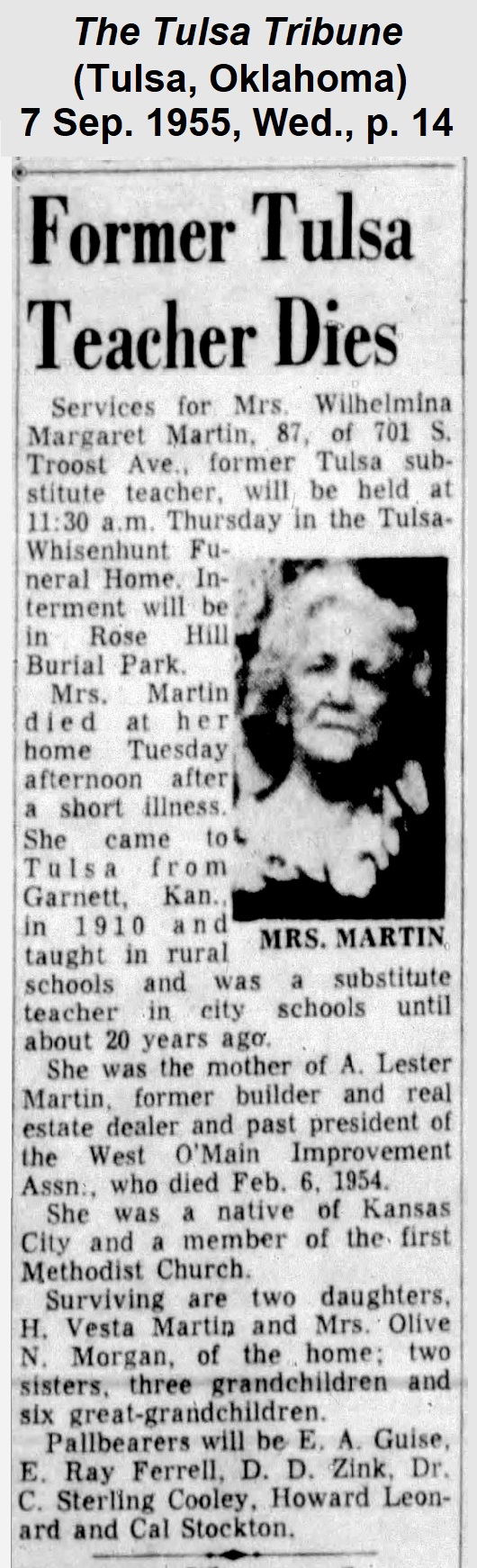 Clipping from the Tulsa Tribune, 7 September 1955, page 14, Former Tulsa Teacher Dies.