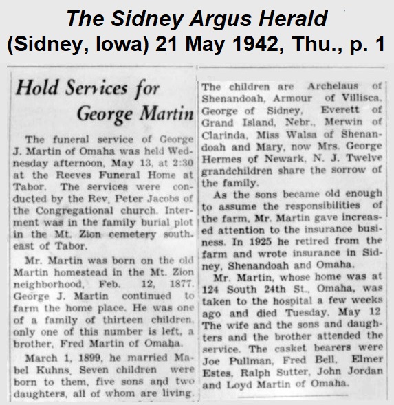 Obituary of
                George from the Sidney Argus Herald of 21 May 1942