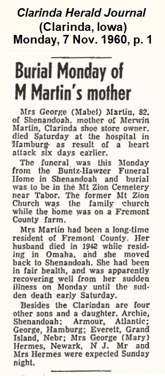Short obituary
                      of Mabel from Clarinda Herald Journal of 7 November 1960