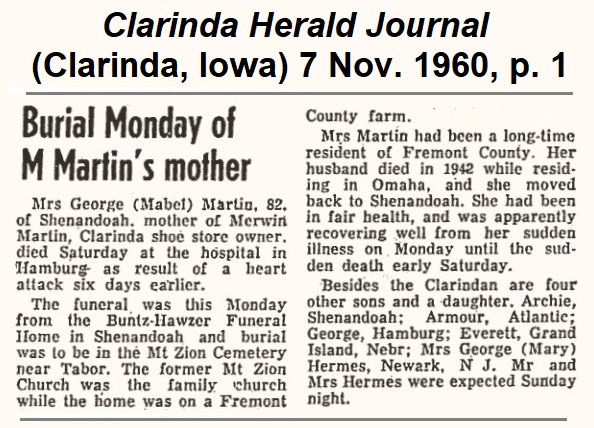 Short obituary of Mabel
                from Clarinda Herald Journal of 7 November 1960