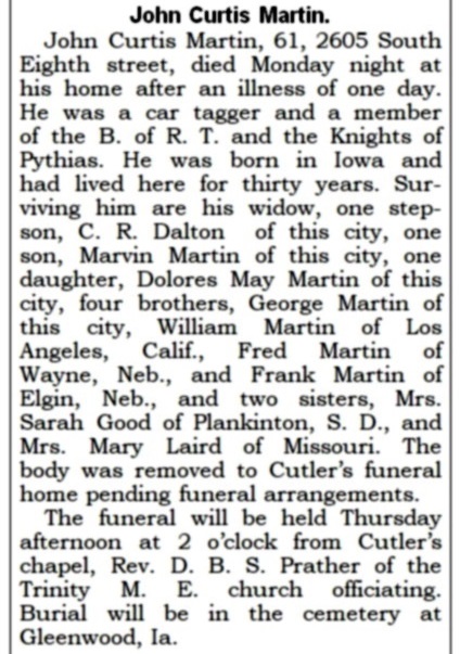 Image of Curt's obituary
                          from the Daily Nonpareil.