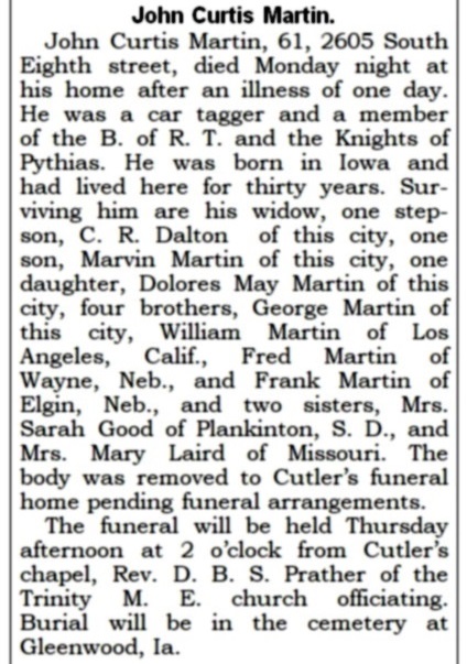 Image of Curt's obituary
                          from the Daily Nonpareil.