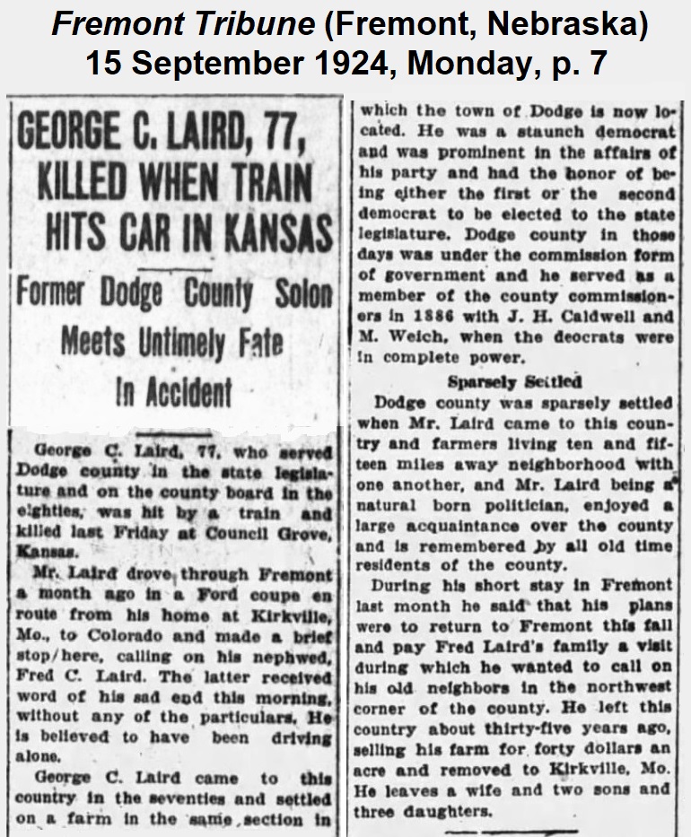 Clipping from The Fremont (Nebraska) Tribune,
               dated 15 September 1924, announcing George's death.