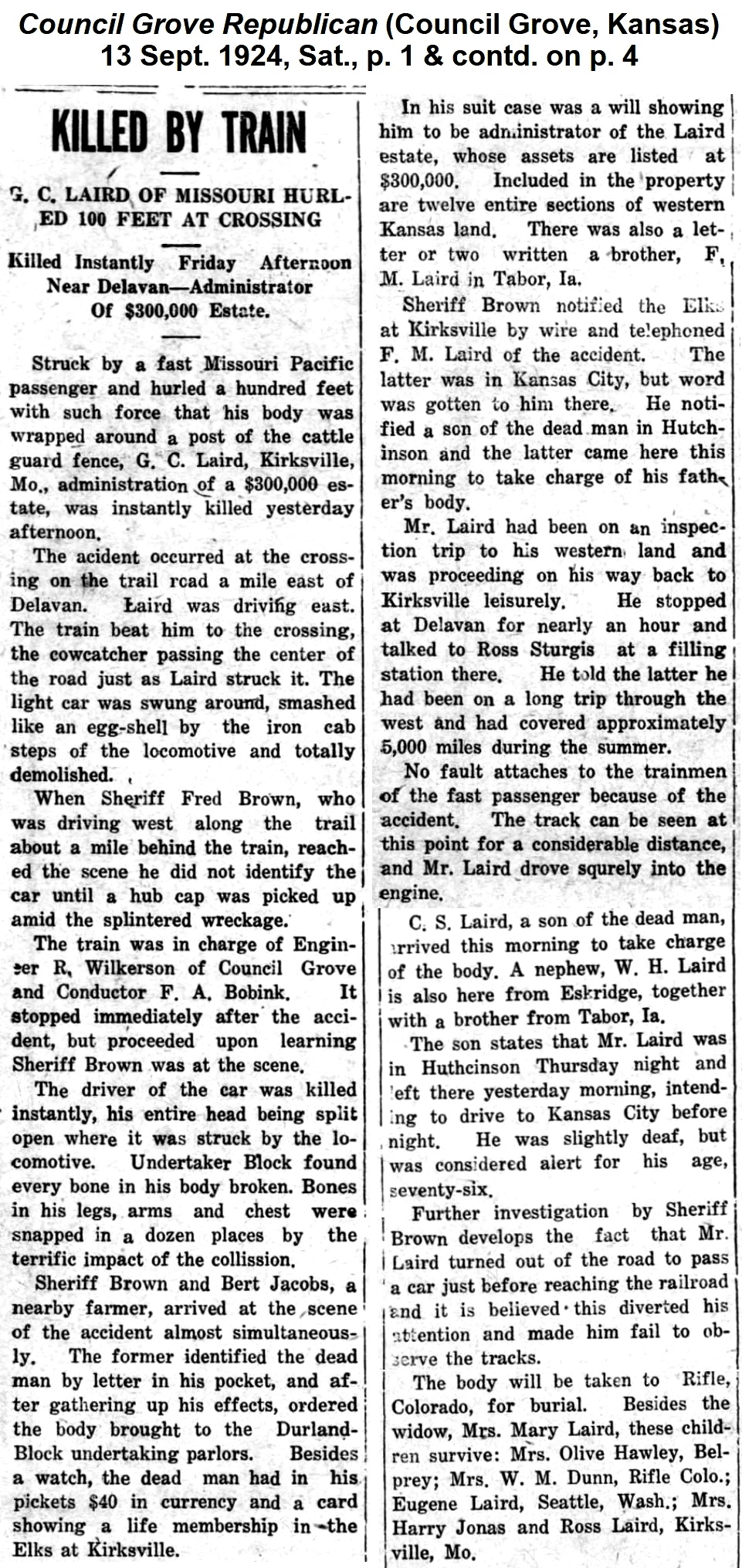 Clippping from The Council Grove (Kansas)
               Republican, dated 13 September 1924, describing the accident that killed George.