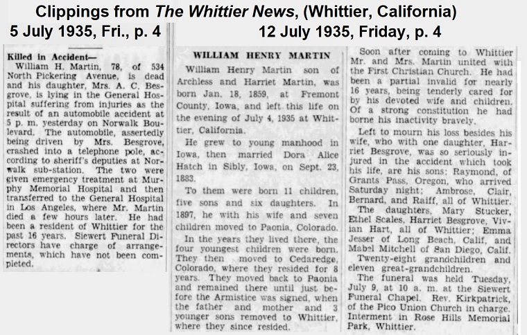 Report of Will's death and Will's obituary from the Whittier News, July 1935.