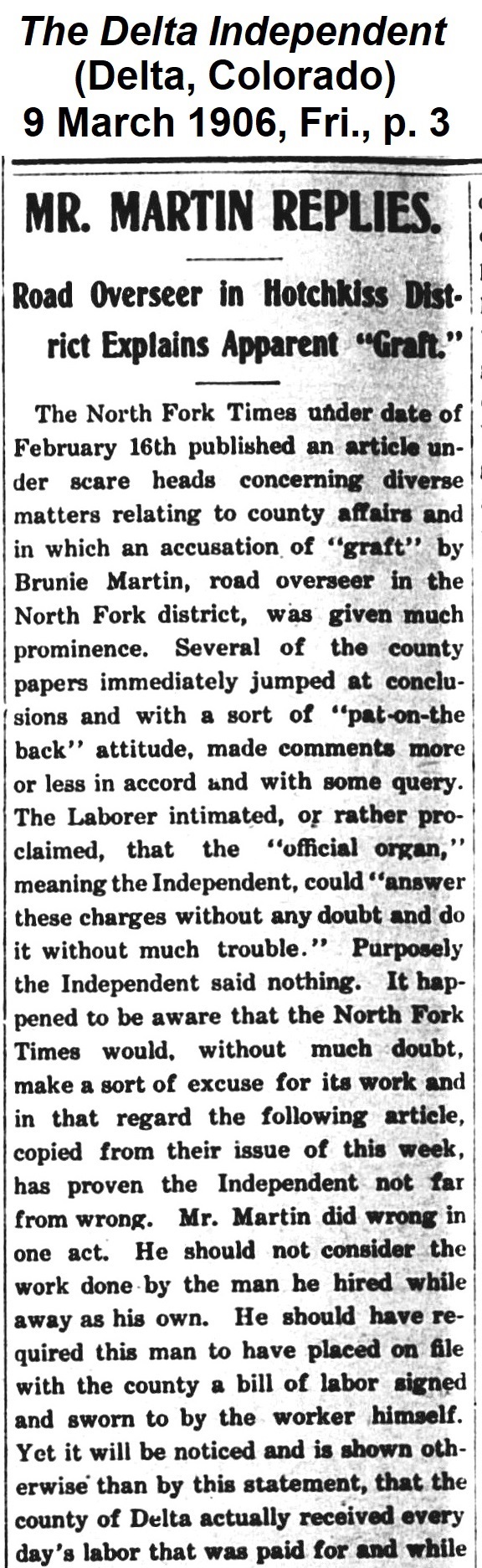 First part of article from the
                Delta Independent of 9 March 1906, titled 'Mr. Martin Replies'.
