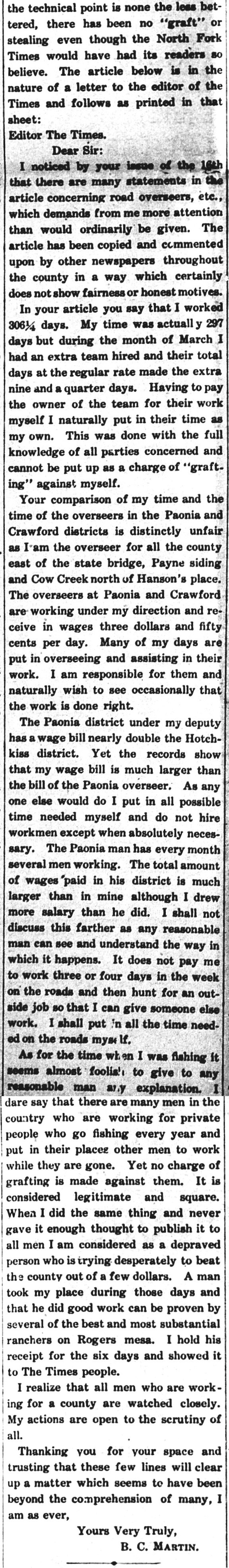 Continuation of article from the
                Delta Independent of 9 March 1906, titled 'Mr. Martin Replies'