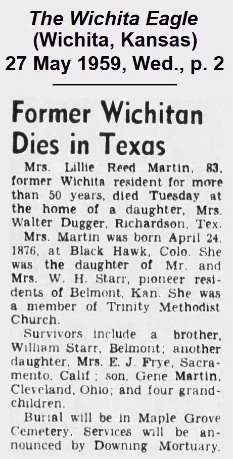 Obituary from The Wichita Eagle
                of 27 May 1959, headed 'Former Wichitan Dies in Texas.'