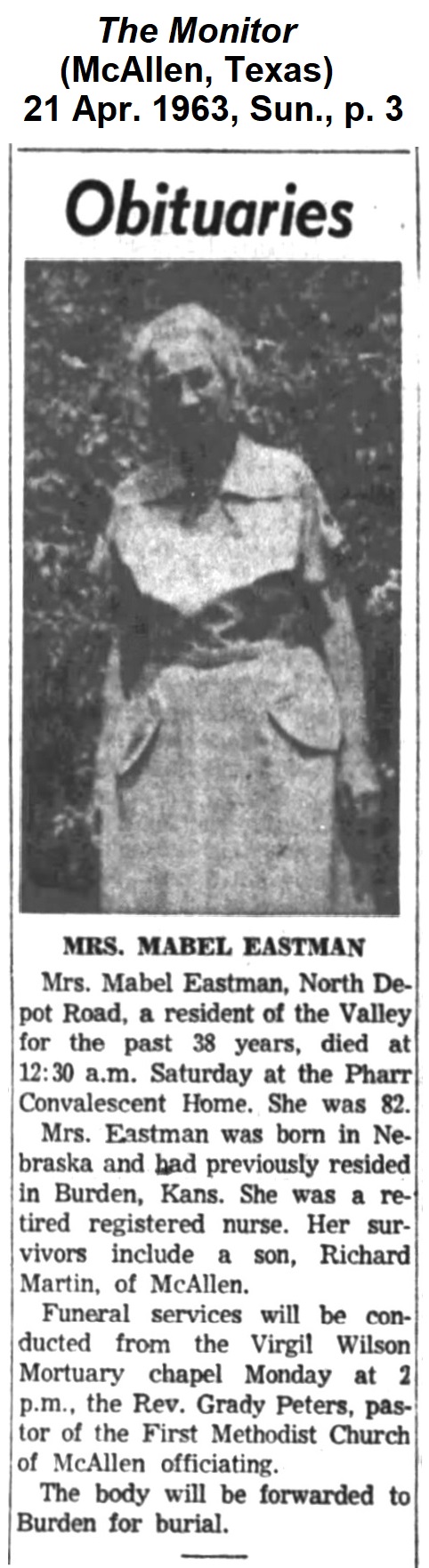 Obituary of Mabel Rhine Eastman
                from The Monitor of McAllen, Texas, of 21 April 1963.