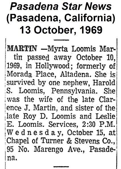 Obiturary from the Pasadena
                Star News of 13 October 1969.
