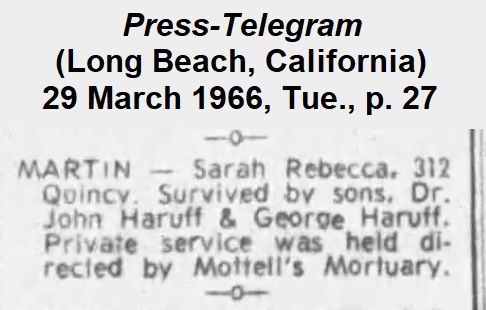 Funeral notice from the Long Beach
                Press-Telegram of 29 March 1966.