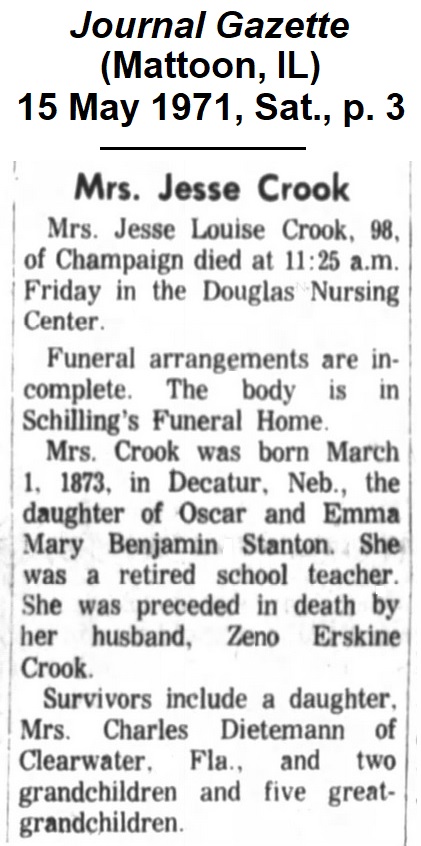 Obituary of Jessie Crook from the
                Journal Gazette of Matoon, Illinois, 15 May 1971.