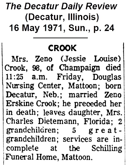 Obituary of Jessie Crook from the
                Decatur Daily Review of Decatur, Illinois, 16 May 1971.